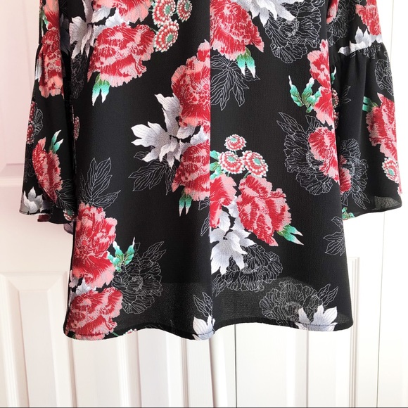 Bobeau Black Multi Floral Print Whimsigoth 3/4 Bell Sleeve Blouse Medium - Picture 15 of 15